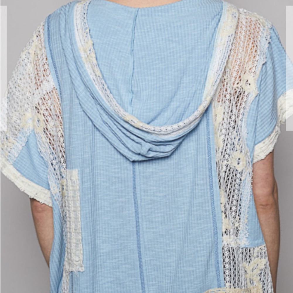 POL V-neck hoodie, relaxed fit top lace embroidered Various sizes BLUE - Picture 5 of 9